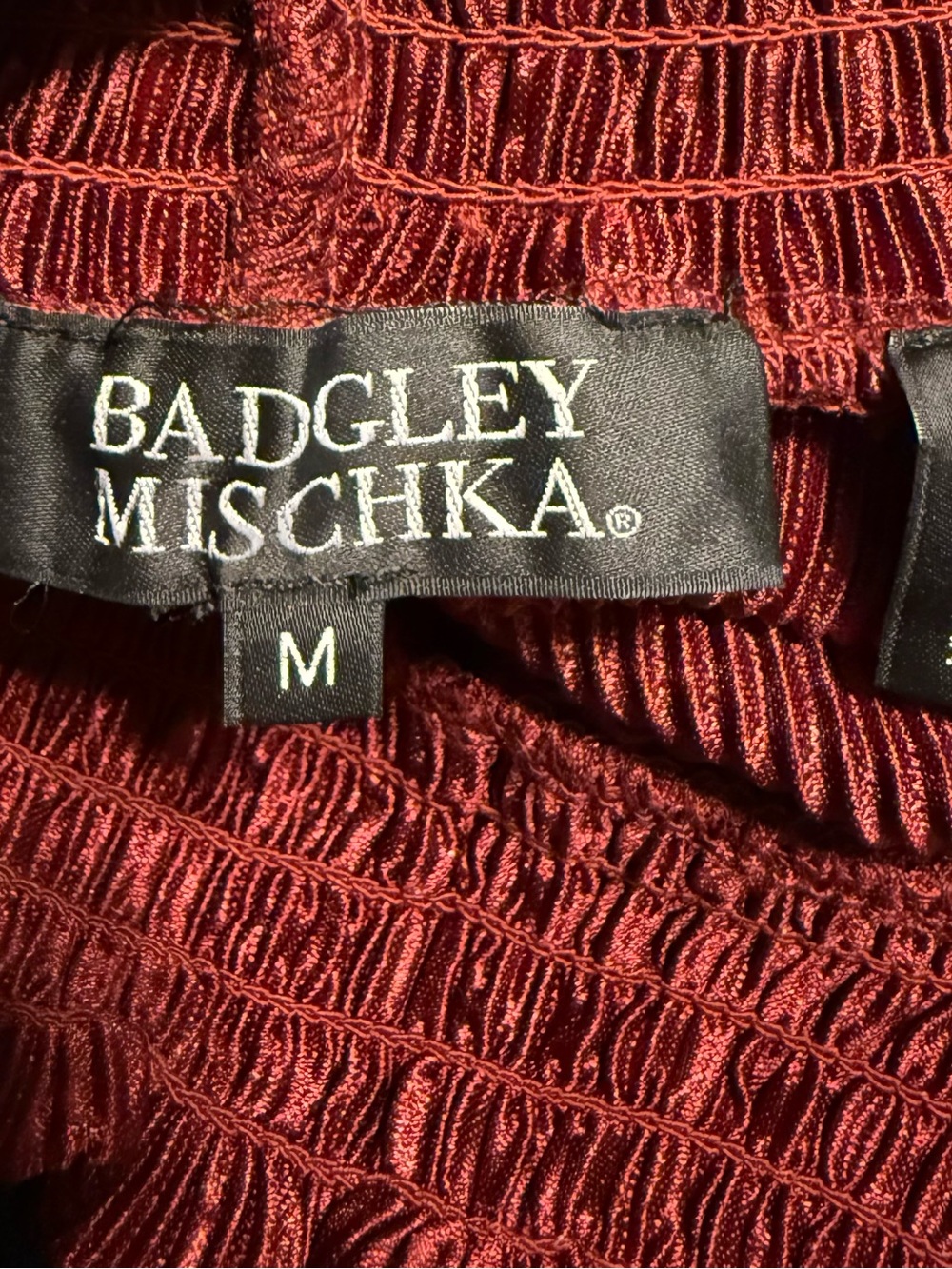 Badgley Mischka Metallic Plissé Smocked Ruffle Neck Blouse Tunic Red M - Picture 10 of 12